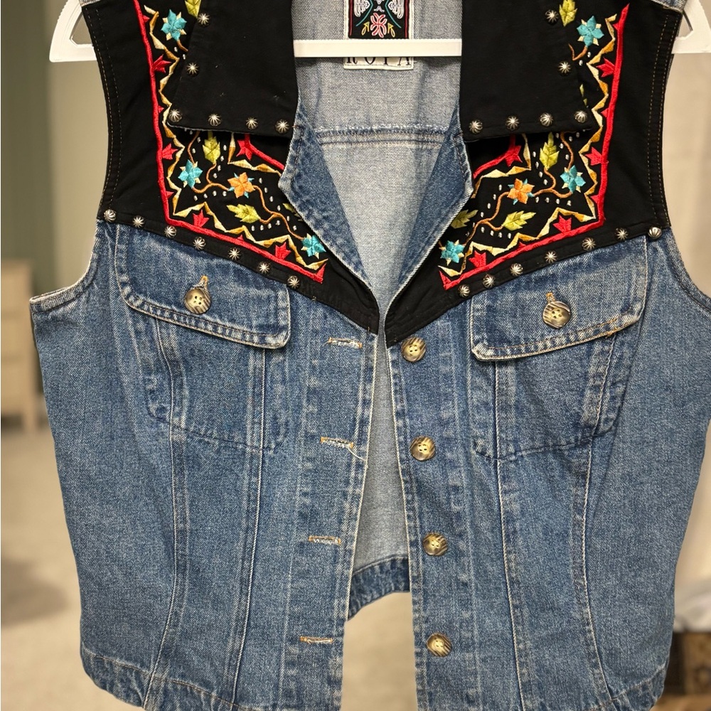 Vintage Embroidered Denim Vest with Studded Details